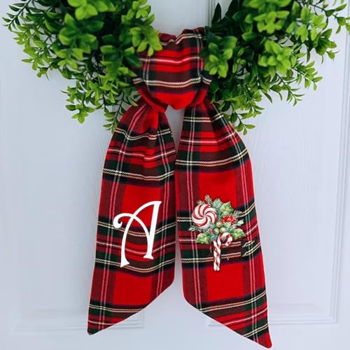 Christmas Wreath Sash with Embroidered Letter and Holly Design Fall Wreath Bow Monogram Letter Elegant Christmas Garland for Front Door Porch Or Fireplace Mantle (J) - color: J