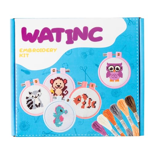 WATINC Beginners Embroidery Kits - 9PCS DIY Keychain with Mushroom Frog Cross Stitch Beginner Kit for Kids Needle Point Starter Kit Sewing Set with Instructions for Children Adults