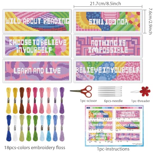 INFUNLY 6PCS Motivational Words Cross Stitch Bookmark Kit for Adults Inspirational Cross Stitch Kits DIY Crossstitch Kits Texts Stamped Embroidery Bookmark Kit with Instructions for Book Lovers - style: Inspirational Words