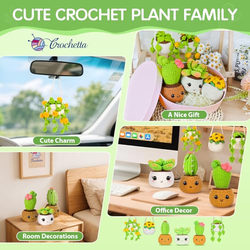 Crochetta Crochet Kit for Beginners, Crochet Starter Kits for Adults, Amigurumi Craft Knitting Crocheting Kits with Step-by-Step Video Tutorials, 6 Pc Hanging Potted Plants Family(40%+ Yarn - color: 6Plants