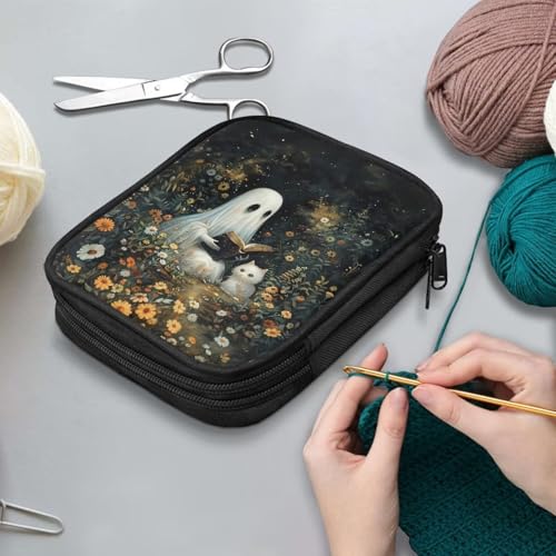 Kathyboom Halloween Spooky Floral Crochet Hooks Case Portable Travel Crochet Storage Bag Organizer with Web Pocket and Crochet Holder Slots for Carrying Various Crochets Needles - color: Halloween Spooky Floral-