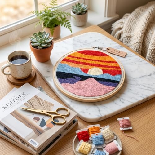 Meoe&heome Punch Needle Kit for Beginners, DIY Embroidery Set with 20+ Patterns(Mountain Dusk02) - color: Mountain Dusk02