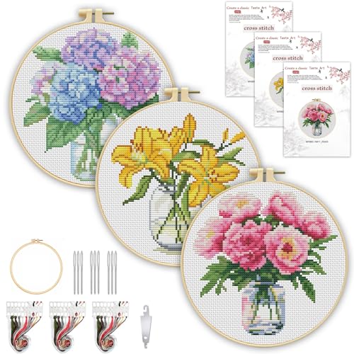 TCDZMYGS 3 Pack Stamped Cross Stitch Kits for Beginners-Flower,with Hoop - color: Flower-1