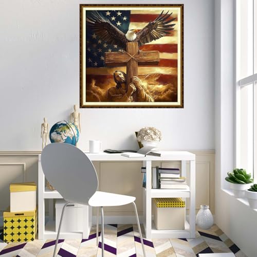 Redxing Counted Cross Stitch Kit for Beginners,Unprinted Needlepoint Kits for Beginners Cross Stitching Embroidery Kit 11CT Stitches kit-Jesus Cross Eagle 18x18 inch - color: KitColors19