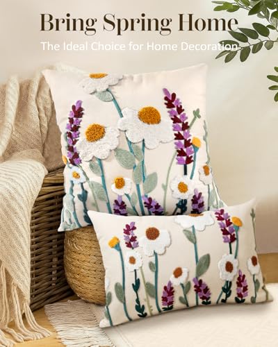 Embroidered Throw Pillow Cover, 20x12 Inch, Wildflower - color: Wild Floral, size: 20" x 12" (Pack of 1)