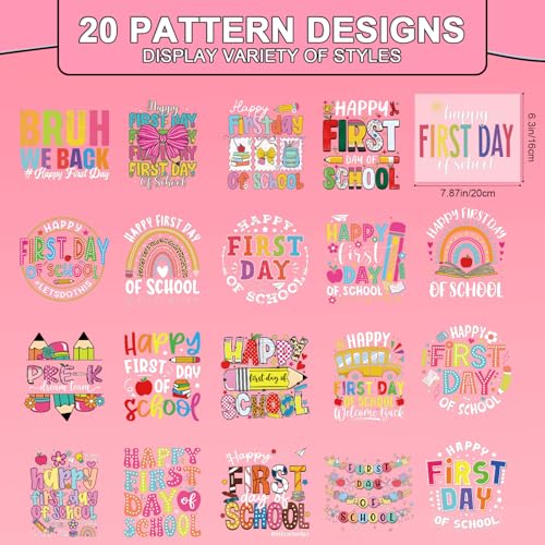 Rngmsi Dtf Transfers Ready to Press - 20 Pcs First Day of School Iron on Patches for T-Shirts, Back to School Iron on Stickers Heat Transfer Vinyl Decals for DIY Fabric Clothes Decor - style: First Day of School