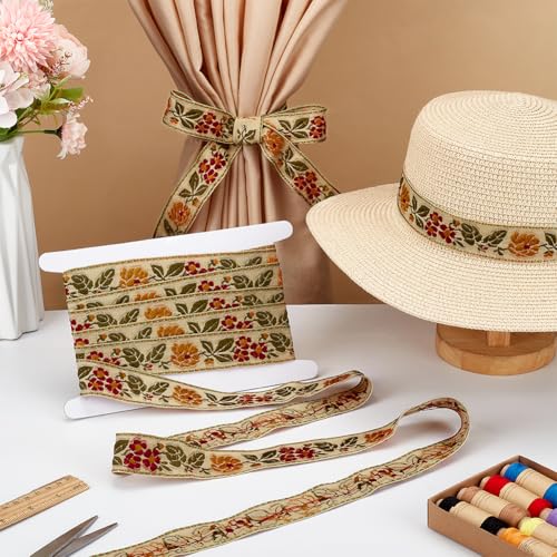 FINGERINSPIRE 5.5 Yards Ethnic Style Embroidery Flower Ribbon 1-1/4 inch Wide Pale Goldenrod Flower Ribbon Floral Embroidered Jacquard Ribbons Vintage Woven Trim for DIY Crafts Sewing Clothing - color: Pale Goldenrod