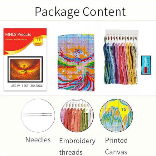 Zhenqing Fire Phoenix Stamped Cross Stitch Kit for Beginners, 11CT Printed Full Coverage Mythical Bird Pattern, 28 x 38 cm DIY Fantasy Embroidery Needlework Set, No Hoop Needed - color: Phoenix Rising in Flame