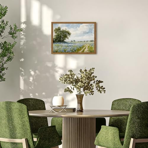 Framed Vintage Canvas Wall Art, Country Landscape Wildflower Field Wall Decor Paintings, Rustic Nature Pictures Prints Home Decor for Living Room Bedroom Bathroom Farmhouse 12x16 inch - color: Blue Wildflower, size: 16"L x 12"W