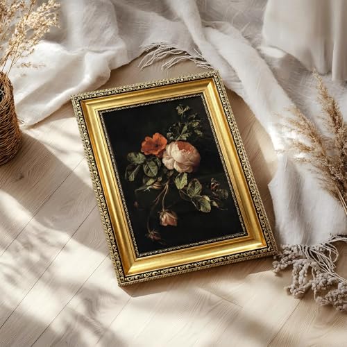 Vintage Gold Framed Moody Floral Wall Art,Dark Rose Still Life Canvas Print - color: Floral Gold Framed, size: 16"L x 12"W