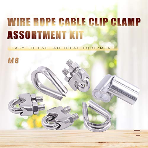 Swpeet 24Pcs M8 (5/16") Wire Rope Accessory Set, Included M8 Wire Rope Cable Clip Clamp, M8 Stainless Steel Thimble, 4mm Aluminum Crimping Loop Sleeve Perfect for 1/8 inch Wire Rope Cable (M8) - size: M8