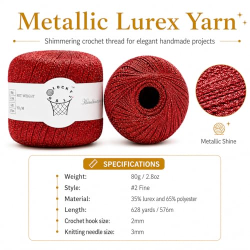 80g Sparkle Silver Lurex Thread Shining Yarn, Metallic Crochet Thread Yarn for Crocheting, Sparkle Metallic for Knitting Clothes, Car Charm, Keychain Charm(Red) - color: Red