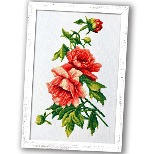 Povitrulya Beautiful Peonies Counted Cross Stitch kit - DIY Embroidery Set with Paper Pattern and prestored Floss - color: Peonies