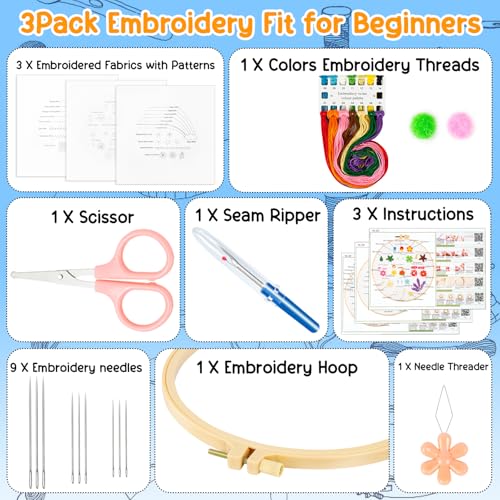 Ponpon 3 Sets Embroidery Kit for Beginners, Embroidery Kit for Adults with Follow Instruction, Cross Stitch Kits with Wooden Embroidery Hoops (Stlye F) - style: Stlye F