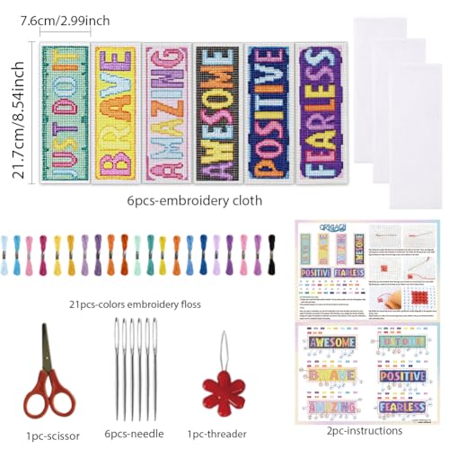 ORIGACH 6 Set Inspiring Words Cross Stitch Bookmark Kit for Beginner - style: Inspiring Words