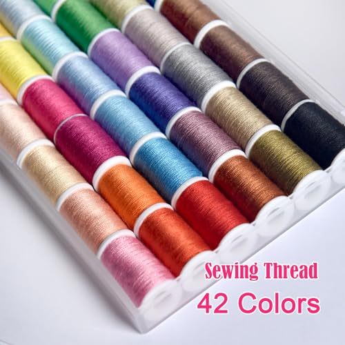 All Purpose Sewing Thread Set - 42 Assorted Rainbow Color Series and White Black Handy Polyester Thread Kit Includes 9 Hand Needles, 2 Needle Threaders, Suitable for Hand and Machine Sewing - color: 42 colors