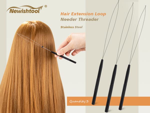 NEWISHTOOL Stainless Steel Hair Extension Loop Needle Threader Wire Pulling Hook Tool and Bead Device Tool, Micro Link Tool Loop Threader for Hair, Silicone Beads, Feather Extensions Supplies, Pack 3 - color: Black, size: Bead Device Tool