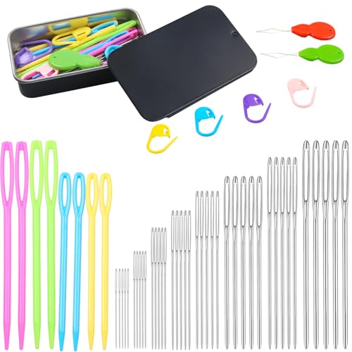 Eketirry 54 PCS Large-Eye Blunt Needles kit, 8 Sizes Stainless Steel Yarn Knitting Sewing Needles, Crafting Weaving Stringing Needles with Threaders and Stitch Markers (Black) - color: Black-54pcs