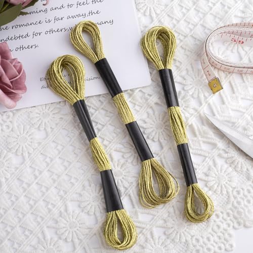 3 Skeins Metallic Embroidery Floss, Glitter Gold Embroidery Thread String, Polyester Cross-Stitch Threads for Hand Embroidery, String Art, DIY Bracelet- Gold - color: Gold