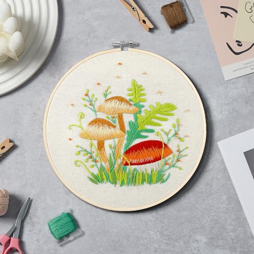 Bonroy 4 Sets Embroidery Kit for Beginners with Instructions,Cross Stitch Kits for Adults with Pattern,Needlepoint Kits for Adult Include Embroidery Cloth Hoops Needles Threads(Mushroom) - color: mushroom4