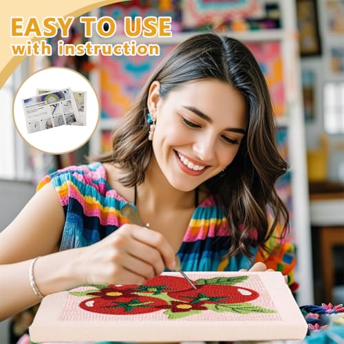 Doodlream Fresh Tomato Needle Kit for Beginner, 9.4"x 9.4" Color Vegetable Punch Stitching Craft Set, DIY Embroidery Starter with Printed Frame, Instruction, Threader, Yarn, Pinch Needle - color: Tomato