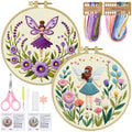 ERKOON Embroidery Kit for Beginners, 2 Set Flower Cross Stitch Set Include Embroidery Cloth Hoops Threads for Craft Lover Hand Stitch with Embroidery Skill Techniques (Angel) - color: Angel