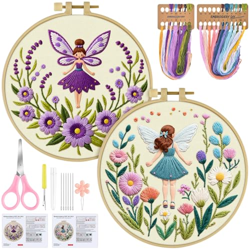 ERKOON Embroidery Kit for Beginners, 2 Set Flower Cross Stitch Set Include Embroidery Cloth Hoops Threads for Craft Lover Hand Stitch with Embroidery Skill Techniques (Angel) - color: Angel