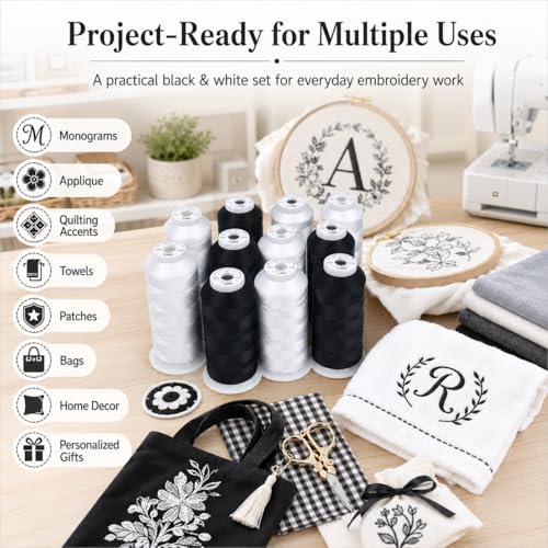 Simthread 12 Spools 3000 Yards 40WT Polyester Embroidery Thread Black White