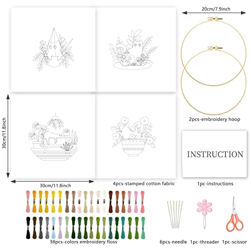 INFUNLY 4 Sets Cat Embroidery kit DIY Embroidery Kit for Beginners Cat Embroidery Set Plant Cats Cross Stitch Kit for Adults with Plastic Embroidery Hoops Threads and Instructions - color: Cat and Plant