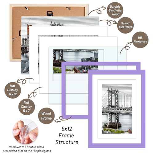 9x12 Picture Frames - Solid Wood Frame for 6x8 or 5x7 Photos with or without Mats for Wall Mounting or Table Display (Purple) - color: Purple, size: 9x12 inch