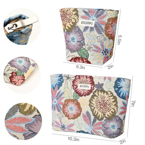 2 PCS Makeup Bag Set Cute Small Cosmetic Bag for Purse - color: Flower Garden White