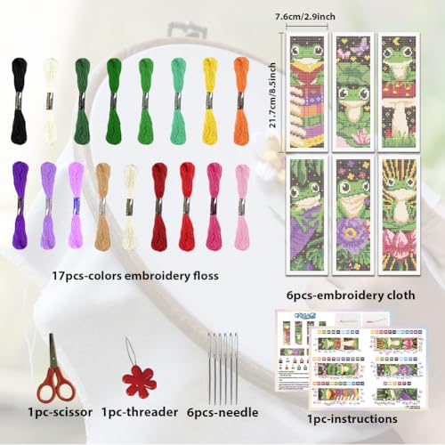 ORIGACH 6 Set Frog Cross Stitch Bookmark Kit for Beginner - style: Frog