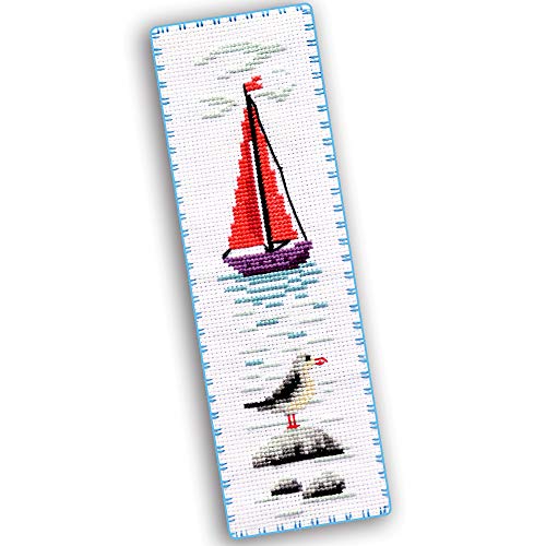 Povitrulya Seagull Cross Stitch Bookmark - Seaside Beach Embroidery Set with Paper Pattern, 16 Count Aida Cloth and Pre-Sorted Floss - color: Seagull