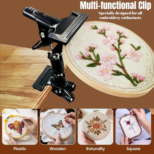 Embroidery Hoop Stand Holder - 360° Rotatable Adjustable Metal Table Clamp for Cross Stitchers,Hands-Free Sewing Needlework Stand,Fits 4–12 Inch Hoops,Portable Embroidery Stand with Protective Pads