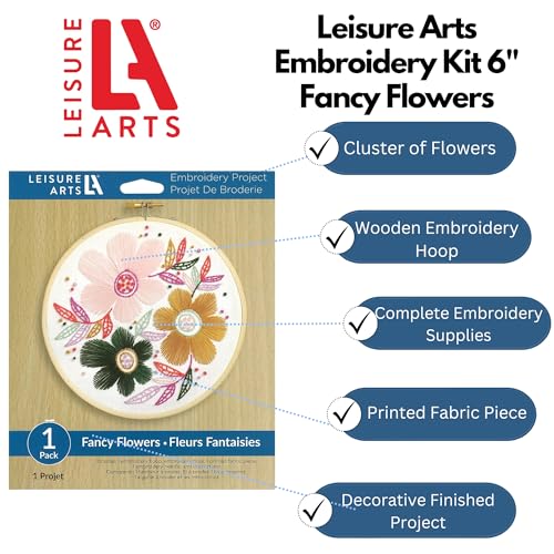 LEISURE ARTS Embroidery Kit 6" Fancy Flowers - Embroidery Kit for Beginners and Adults, Cross Stitch Kits with Patterns, DIY Starter Set for Seasonal Craft Projects