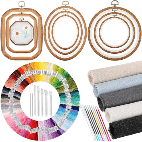 Hotop 138 Pcs Embroidery Kit 9 Hoop 100 Thread 5 Fabric 16 Needles