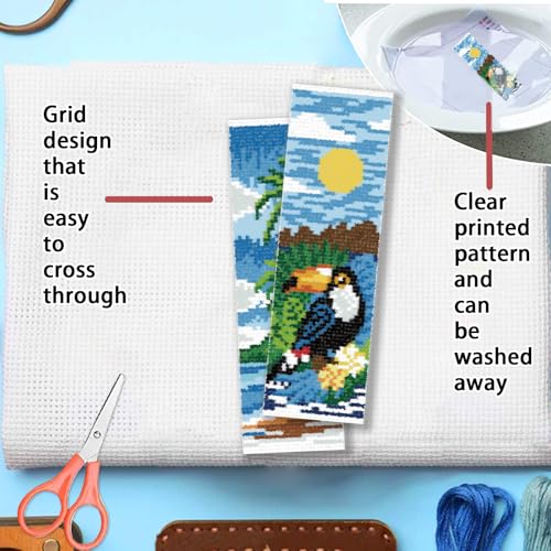FREEBLOSS 6 Set Cross Stitch Bookmark Kit 11 CT Stamped Cross Stitch Kit DIY Embroidery Bookmark Kits for Adult Beginners with Instructions, Tropical Landscape Pattern, 6 x 20 cm/8" x 2.4" - style: Tropical