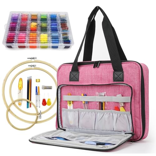 ATTERET Embroidery Cross Stitch Starter Kit, 108 Threads, 3 Hoops, Pink - color: Pink