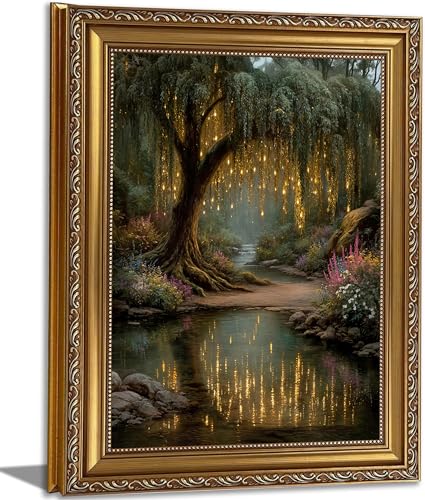 Vintage Gold Framed Forest Wall Art - Enchanted Fairy Tree Painting, Whimsical Dark Cottagecore Canvas Wall Decor for Bedroom, Living Room, Magical Golden Willow Nature Artwork 9x11in - color: forest, size: 11"L x 9"W