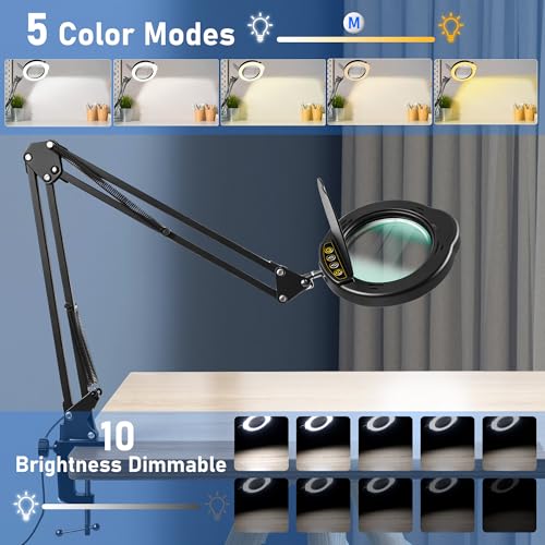 Large 10X Magnifying Glass with Light and Stand, LED Desk Lamp with Clamp, 5 Color Mode, 10 Dimmable Levels, Hands Free for Reading Crafts Jewelry Sewing Close Work - color: Black, size: Large Clamp