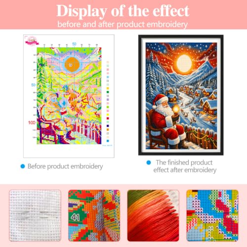 Zhenqing Christmas Santa Snowy Village Stamped Cross Stitch Kit for Beginners, 11CT Printed 28 x 38 cm Santa Claus Reindeer Moonlit Winter Landscape DIY Embroidery Set, No Hoop Needed - color: Santa’s Moonlit Snow Village