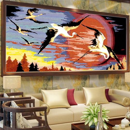 Aiorkeng Cross Stitch Kits Stamped Full Range of Embroidery Starter Kits for Adults Beginners DIY 14CT 2 Strands -Printed kit Red-Crowned Cranes in The Rising Sun(Printed) 31.1×15.7inches - color: Red-crowned cranes in the rising sun79×40CM