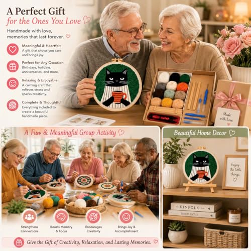 CELCRAFTIQUE Punch Needle Kits for Adults Beginner, Tool with Punch Needle Fabric, Hoops, Yarns and Sewing Needles (Coffee Cat) - color: Coffee Cat