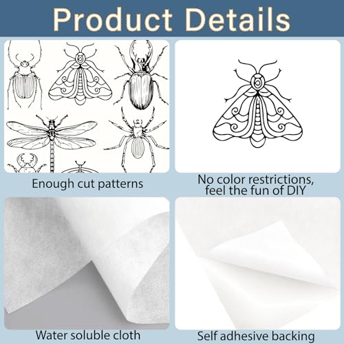 51Pcs Water Soluble Embroidery Designs Insect Embroidery Patterns Butterfly Bee Insect Theme Stick and Stitch Wash Away Transfer Paper Stabilizers for Hand Sewing Beginners 11.7 x 8.3 Inch - color: Insects