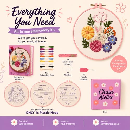 Embroidery Kit for Beginners Adults & Teens - Complete Starter Set with Rabbit & Flower Patterns, Practice Samples, Embroidery Hoop, Threads & Needles - DIY Hand Embroidery Craft Gift
