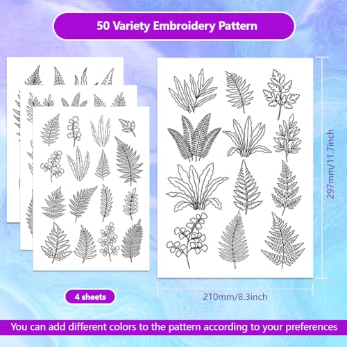 ORIGACH 4 Sheets Water Soluble Embroidery Patterns Stabilizers - Pre-Printed Fern & Leaves Plant Designs - Stick & Stitch Embroidery Paper for Hand Sewing Lovers - color: Fern & Leaves Plant