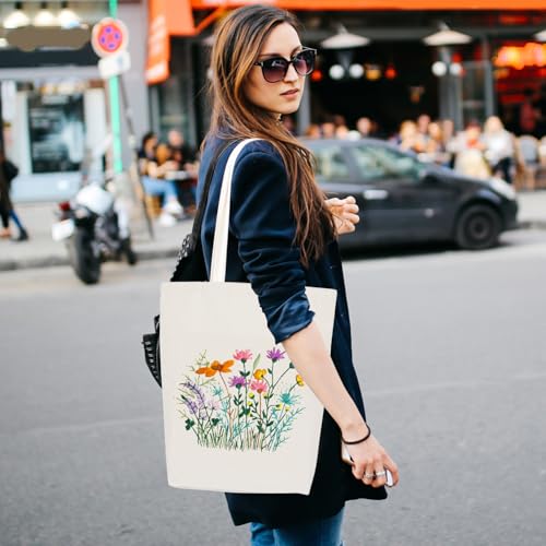 Embroidery Kit Canvas Tote Bag, Hand Embroidery Kit with Floral Pattern for Beginners, Cross Stitch Kits for Adults, Arts and DIY Crafts Kits, Embroidery Starter kit with Embroidery Bag and Tools - color: Beige Multi