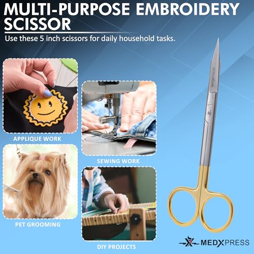 Embroidery Scissors Straight Gold Handle for Premium Quality Stainless Steel Stitch Cutting Pointed tip Hydropoinic Scissors for Art & Craft Fabric Cutting & Crafting Grooming scissors.