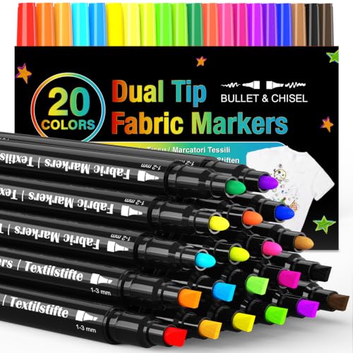 KERIFI Dual Tip Fabric Markers Permanent for Clothes, 20 Colors Fabric Decorating Paint Pens for Kids, T-Shirt Shoe Markers for Sneakers Clothing Canvas Textile Bibs Coloring Book (Chisel & Fine Tip)