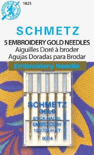 SCHMETZ Gold Embroidery Sewing Machine Needles - Titanium Coated for Smooth Stitching, Size 90/14, 5-Needle Cards, Pack of 1